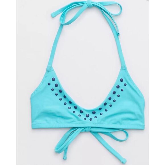 Aerie Bikini‎ Top & Bottom Set Blue Studded Tie Halter Swimsuit - Picture 3 of 8